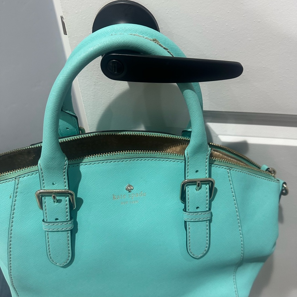 kate spade turquoise satchel handbag with gold hardware